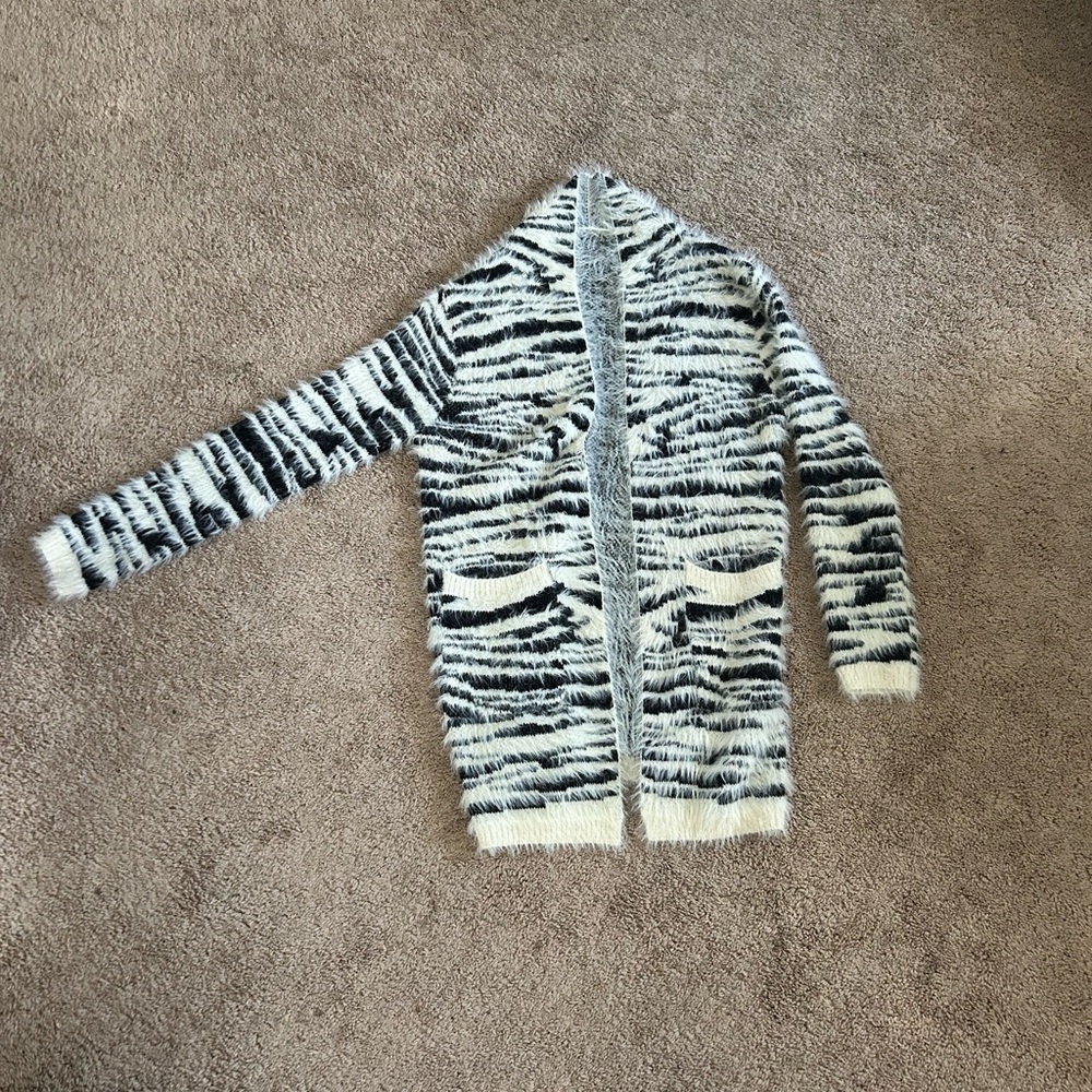 Fuzzy animal print mid length cardigan